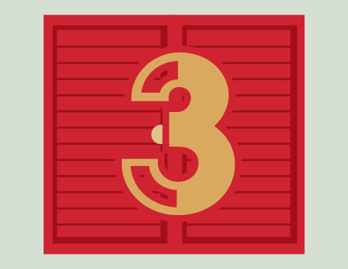 Gold number '3' on a red background