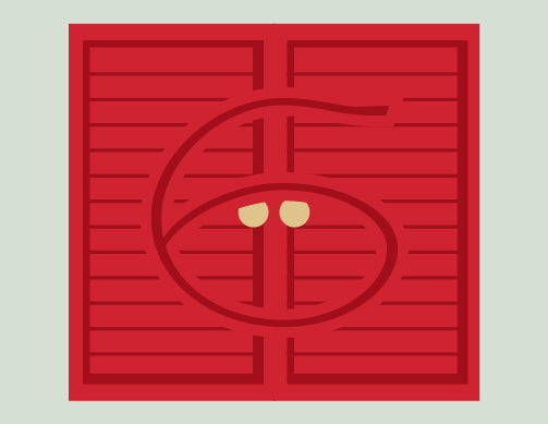 Red square with a central circular design and two yellow elements on a light gray background