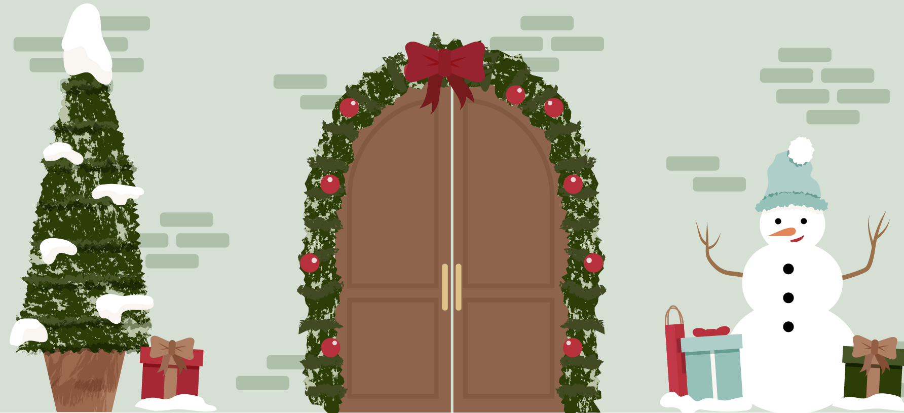 Decorative scene with a door, wreath, snowman, and Christmas trees on a light green background.