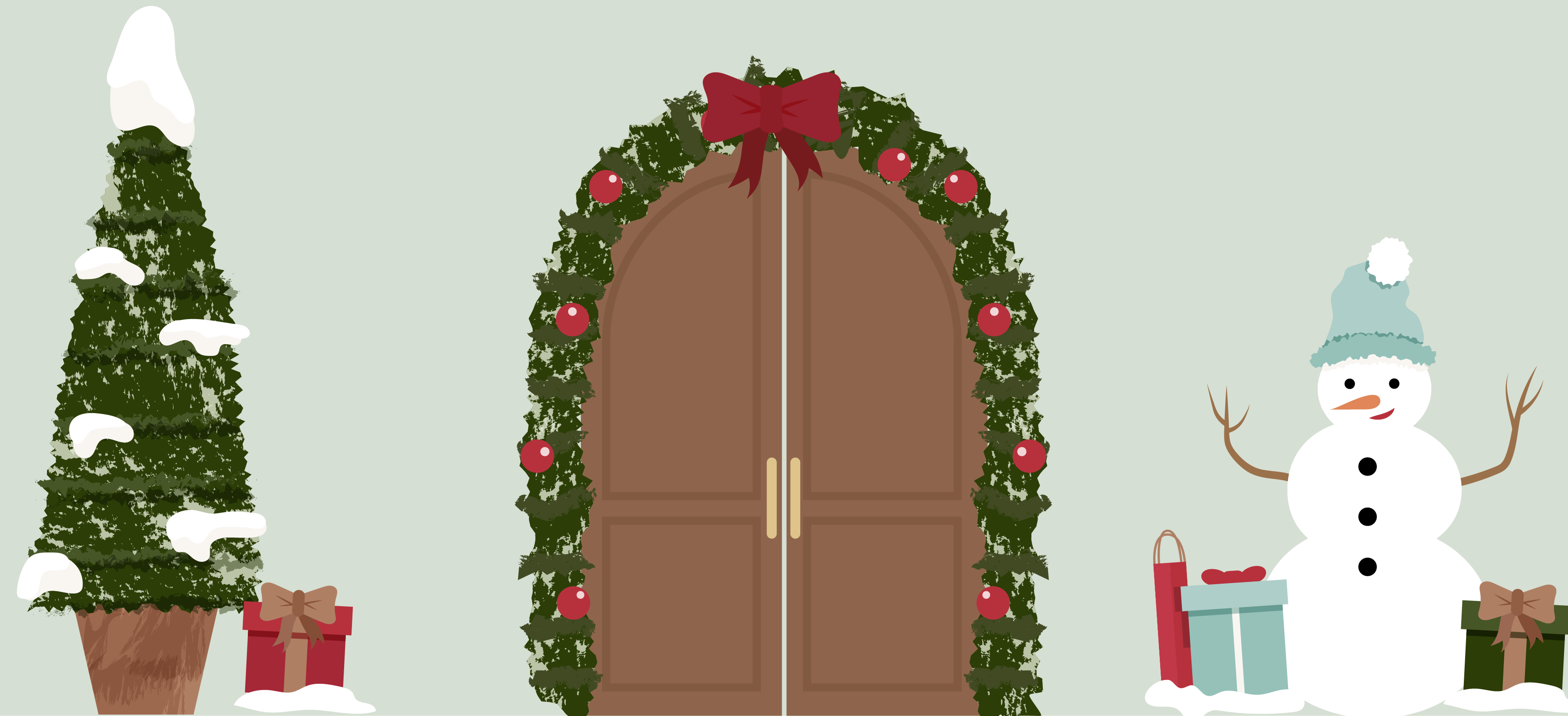 Decorative scene with a door, wreath, snowman, and Christmas trees on a light green background.