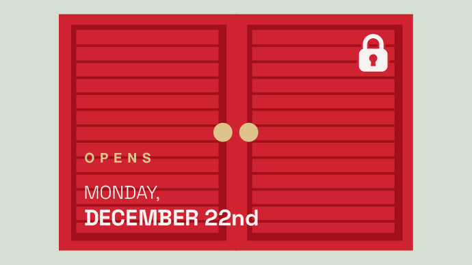 Red doors with a lock icon and text indicating an opening date on a light gray background