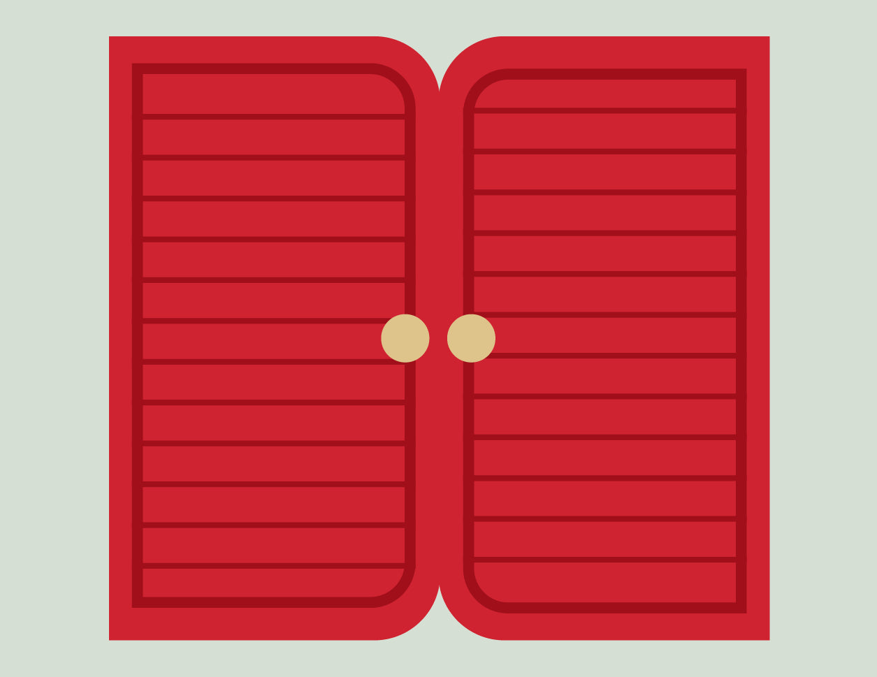 Red doors with a lock icon and text indicating opening date on a light gray background