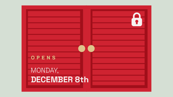 Red doors with a lock icon and text indicating opening date on a light gray background