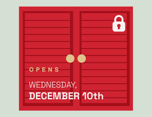 Red door with a lock icon and text 'Opens Wednesday, December 10th' on a light gray background