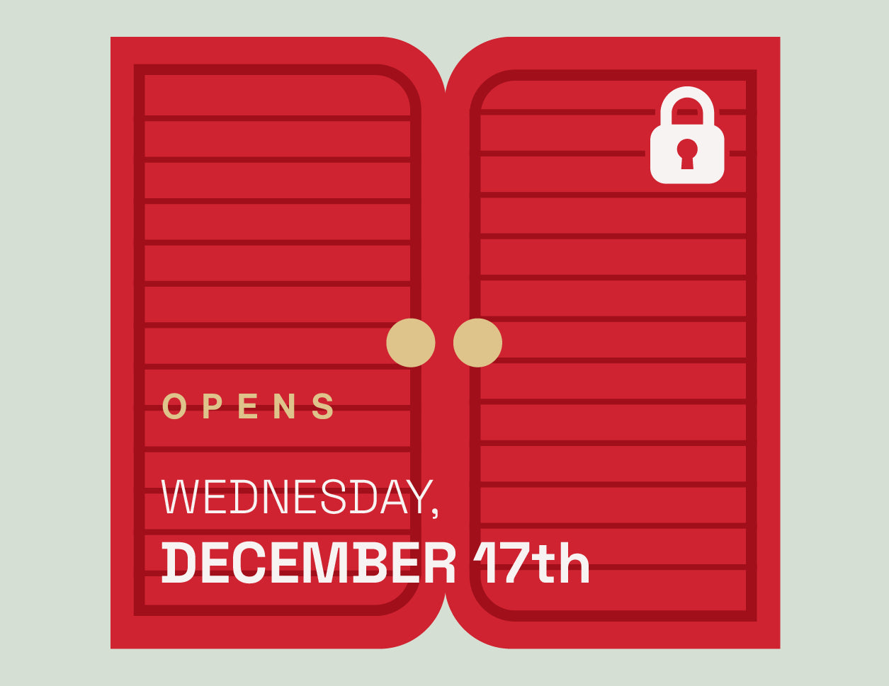 Red door with a lock icon and text 'Opens Wednesday, December 17th' on a light gray background