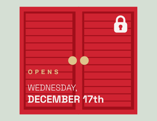 Red door with a lock icon and text 'Opens Wednesday, December 17th' on a light gray background