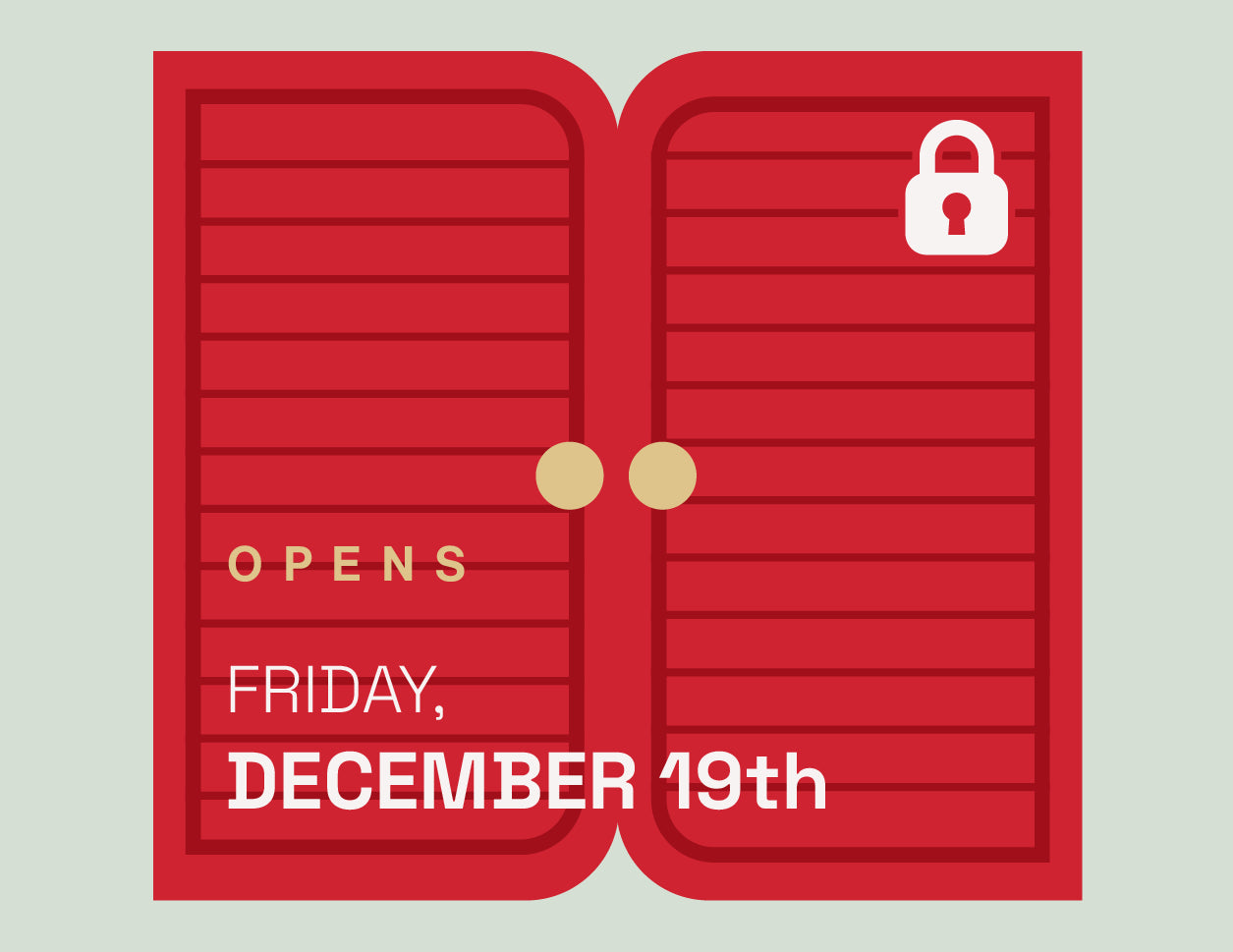 Red doors with a lock icon and text indicating an opening date on a light gray background