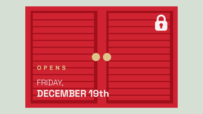 Red doors with a lock icon and text indicating an opening date on a light gray background