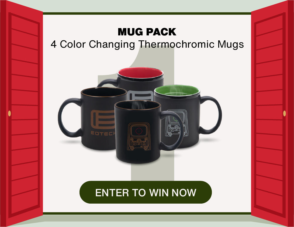 Promotional image of four color-changing thermochromic mugs with a 'Enter to Win Now' button.
