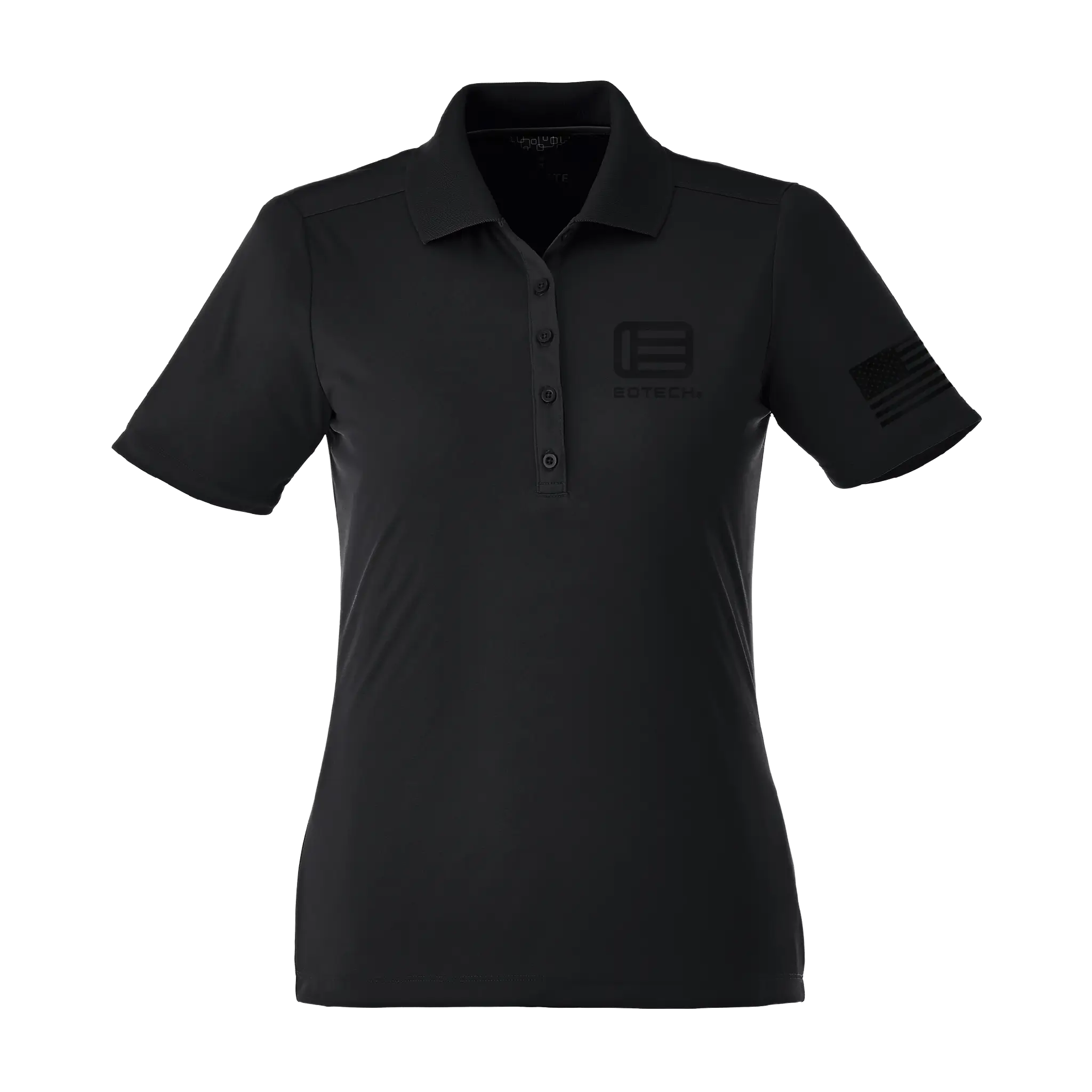 Black ladies polo shirt with a EOTECH logo on the chest and American Flag on the sleeve against a white background