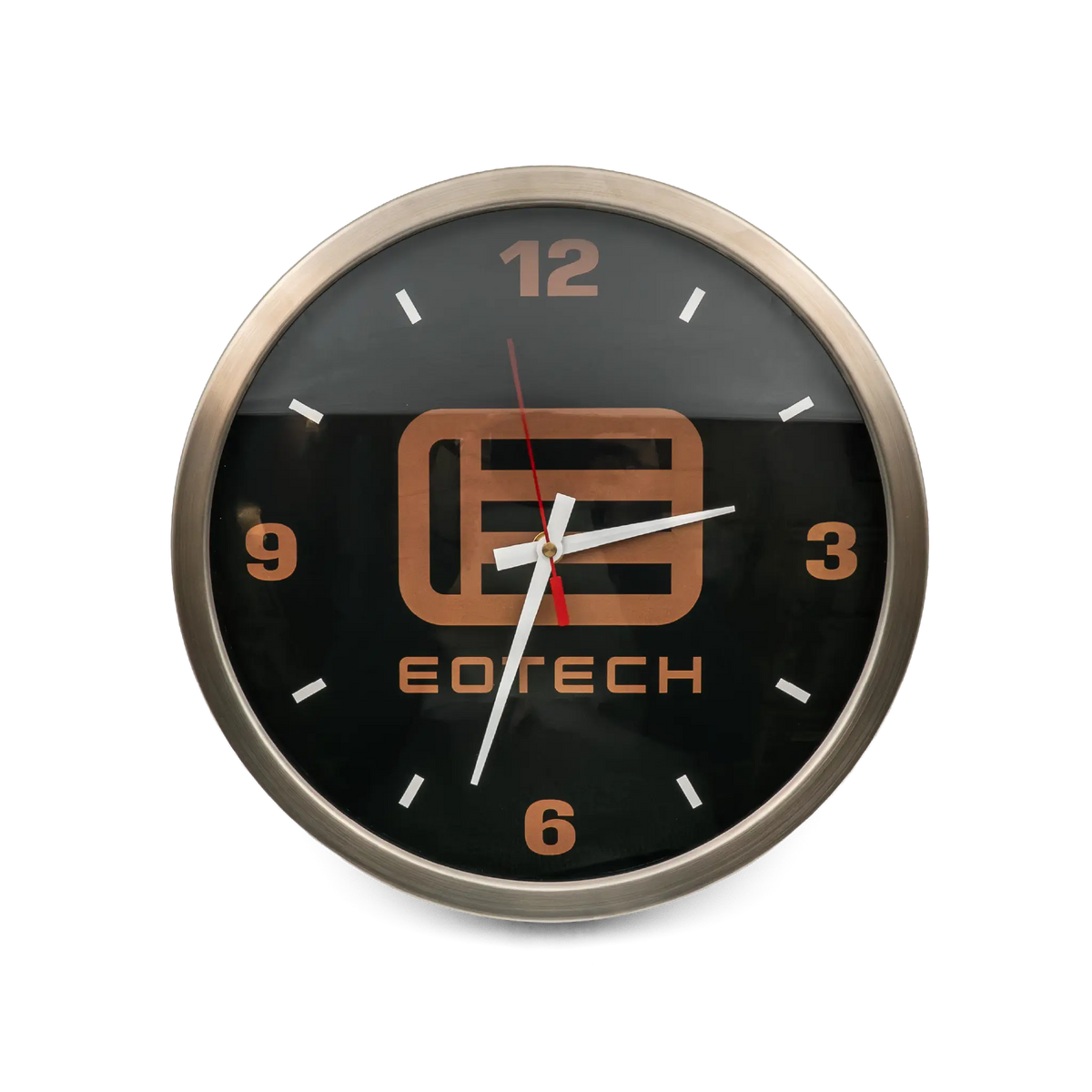 Wall clock with Eotech logo on a black face