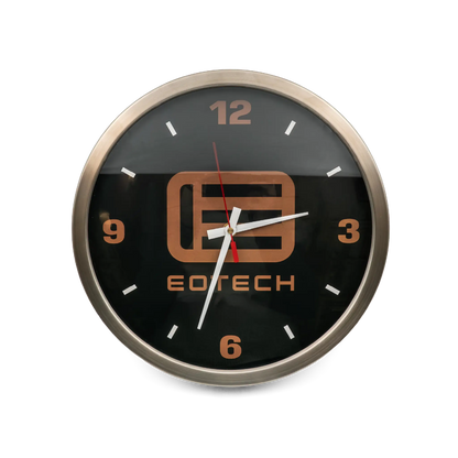 Wall clock with Eotech logo on a black face