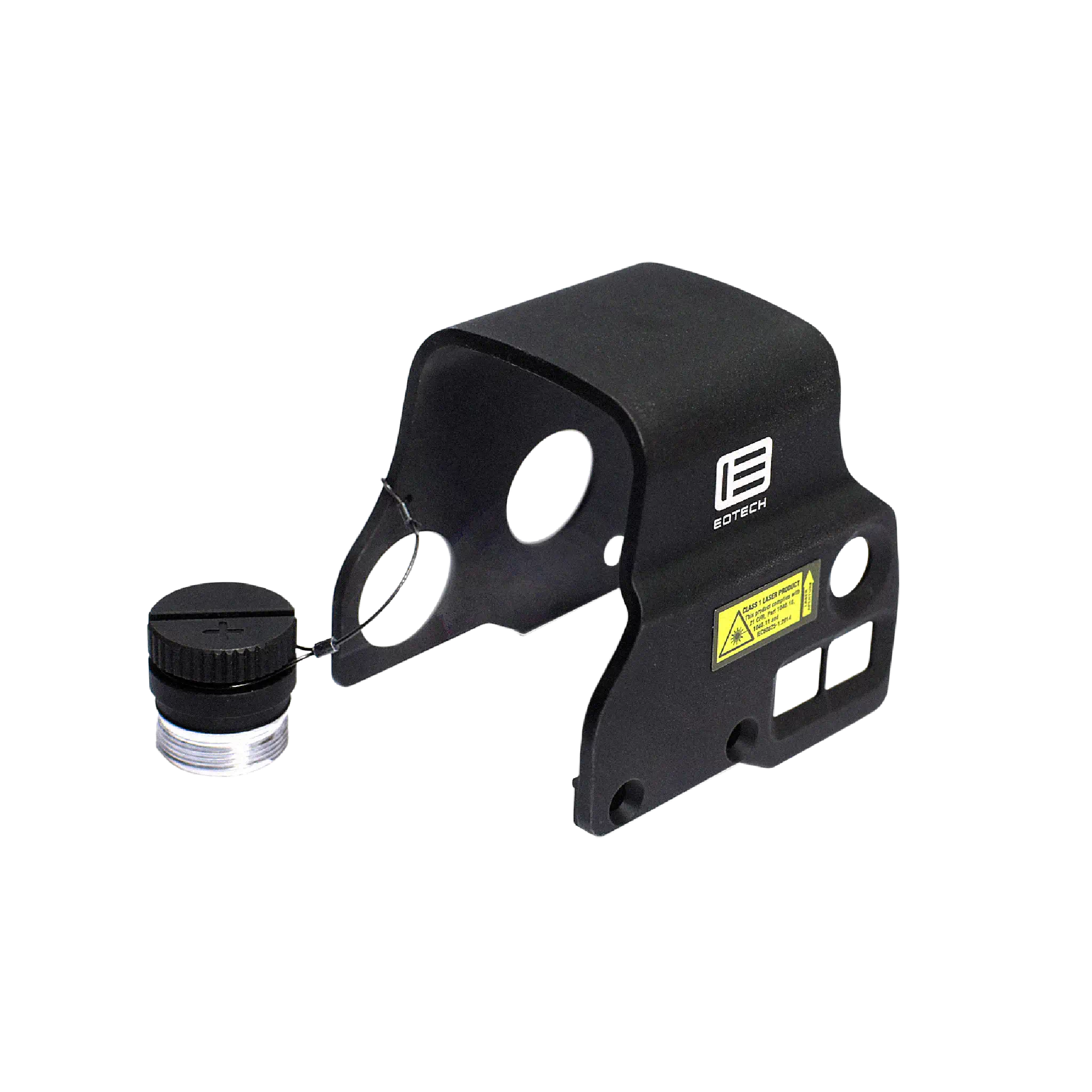 Black EOTECH EXPS3 hood with battery cap and tether on a white background