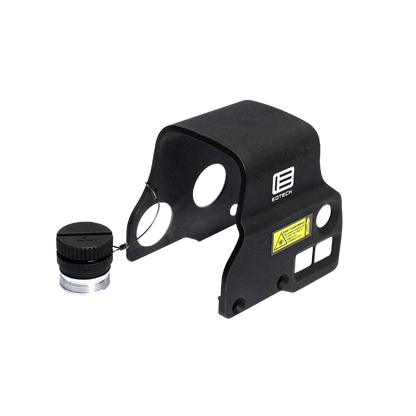 Black EOTECH EXPS3 hood with battery cap and tether on a white background