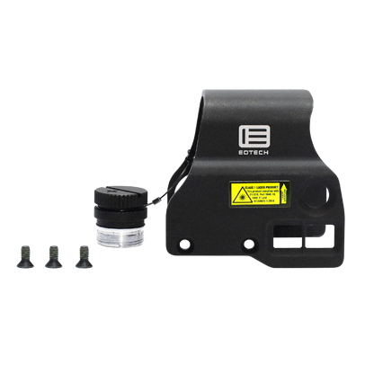 Black EOTECH EXPS3 hood with battery cap and tether and screws on a white background