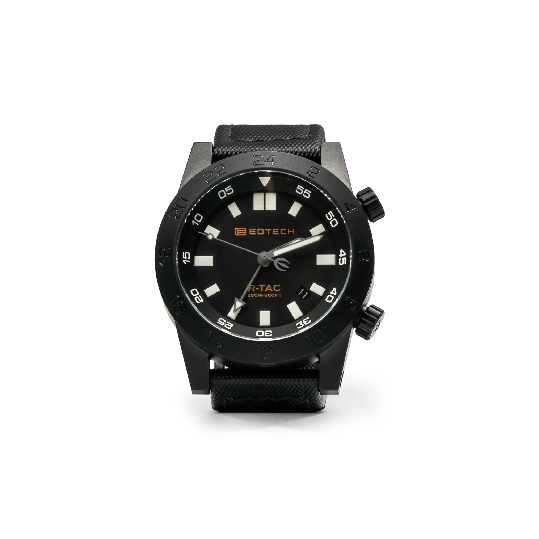 Black watch with black face and white elements and eotech logo on a white background