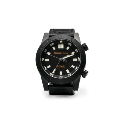 Black watch with black face and white elements and eotech logo on a white background