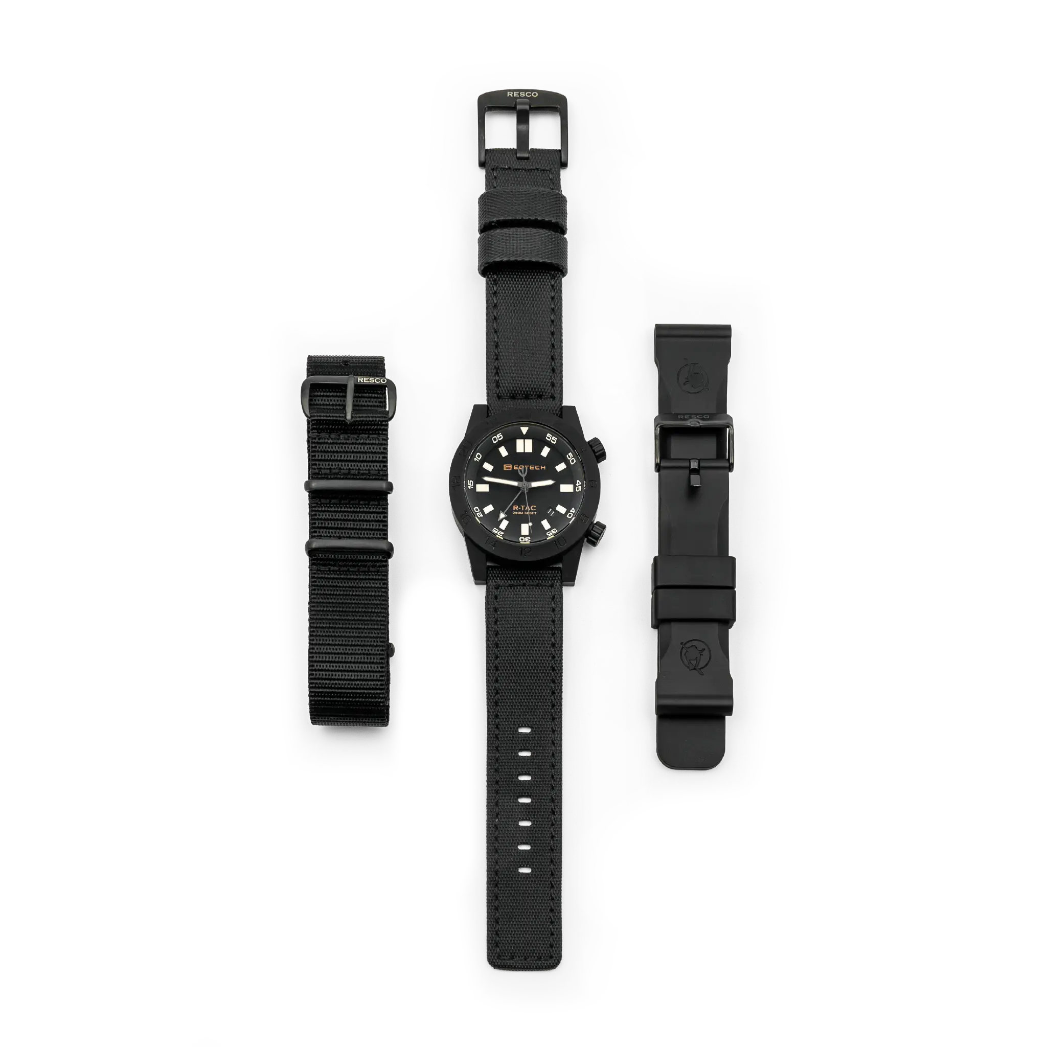 Black watch with interchangeable straps on a white background