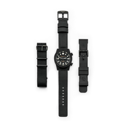 Black watch with interchangeable straps on a white background