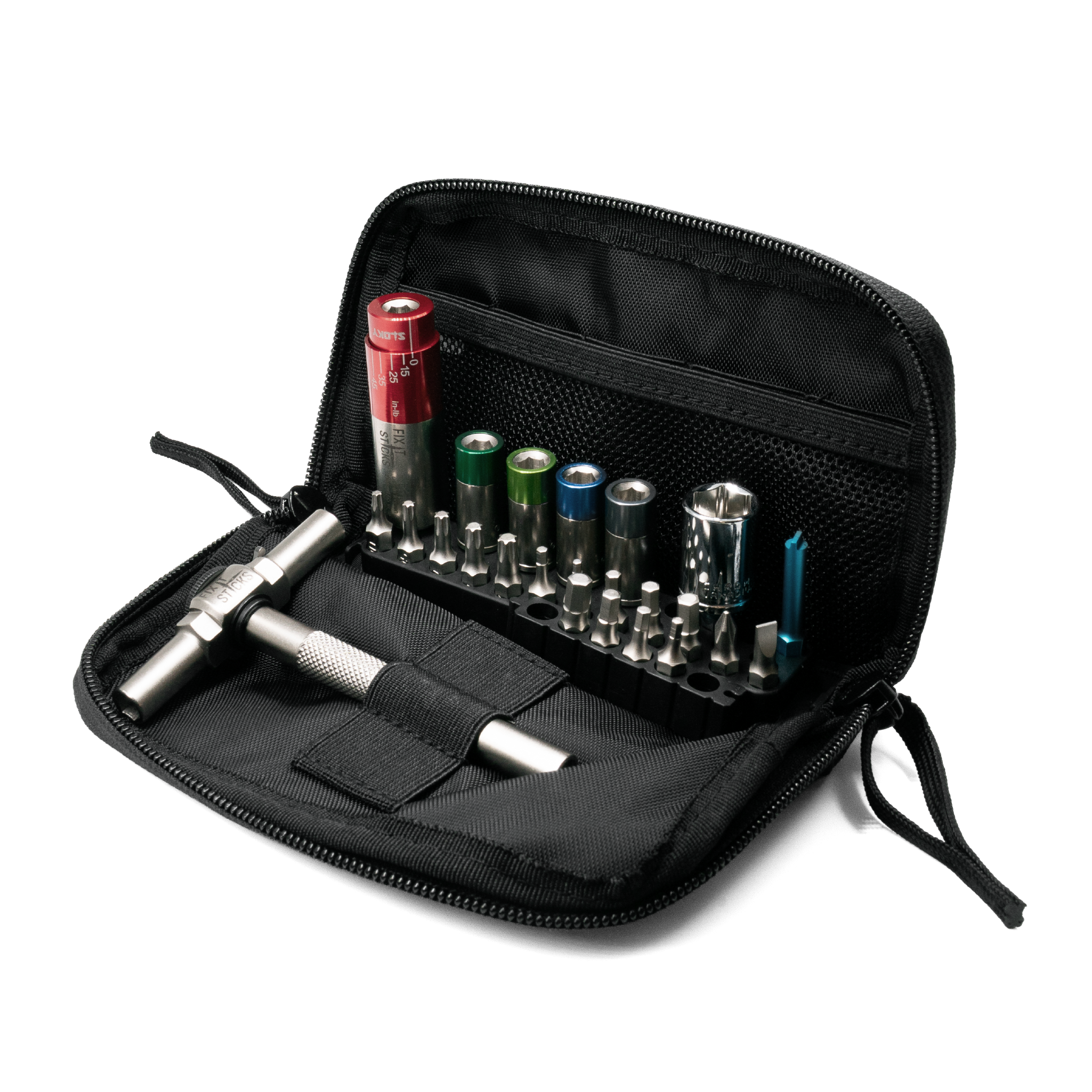 Black pouch for Fix it Sticks, open with tools with Eotech logo on a white background