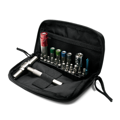 Black pouch for Fix it Sticks, open with tools with Eotech logo on a white background