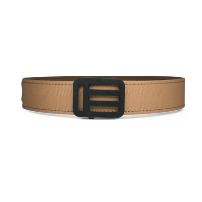 Tan nexbelt belt with a black EOTECH metal buckle on a white background