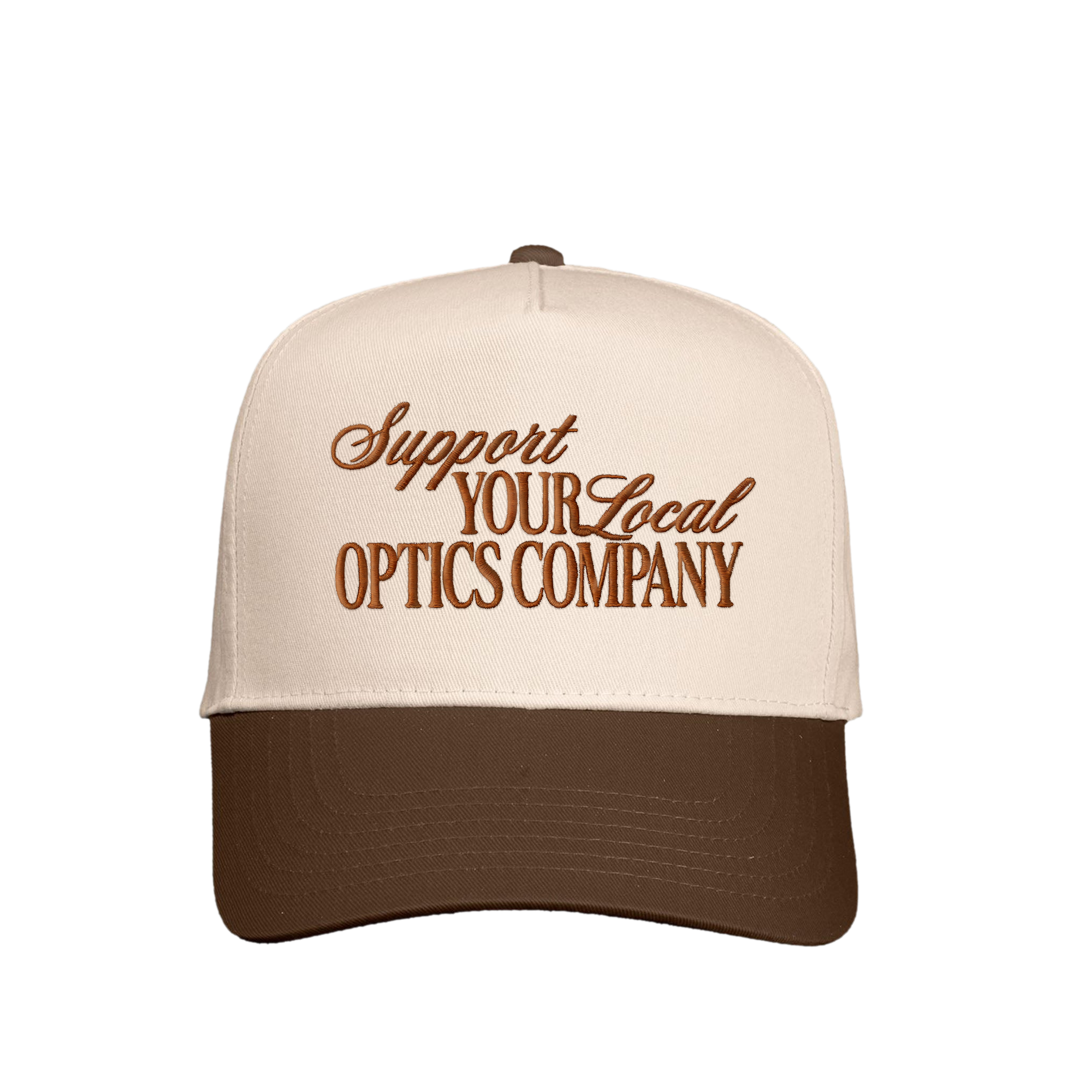 Beige and brown cap with text 'Support Your Local Optics Company' on a white background