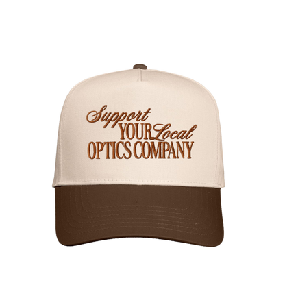 Beige and brown cap with text 'Support Your Local Optics Company' on a white background