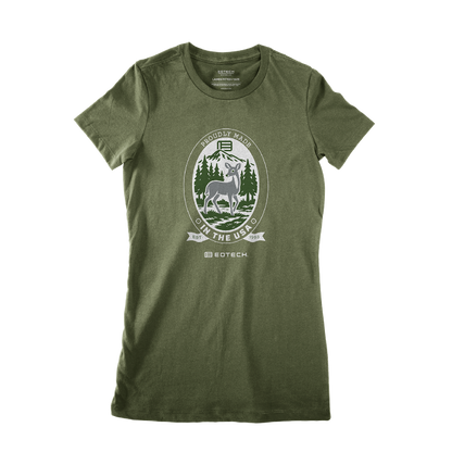 Green t-shirt with a doe in a forest graphic design on a white background