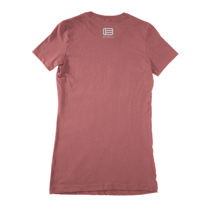 Mauve t-shirt with a logo on the back against a white background