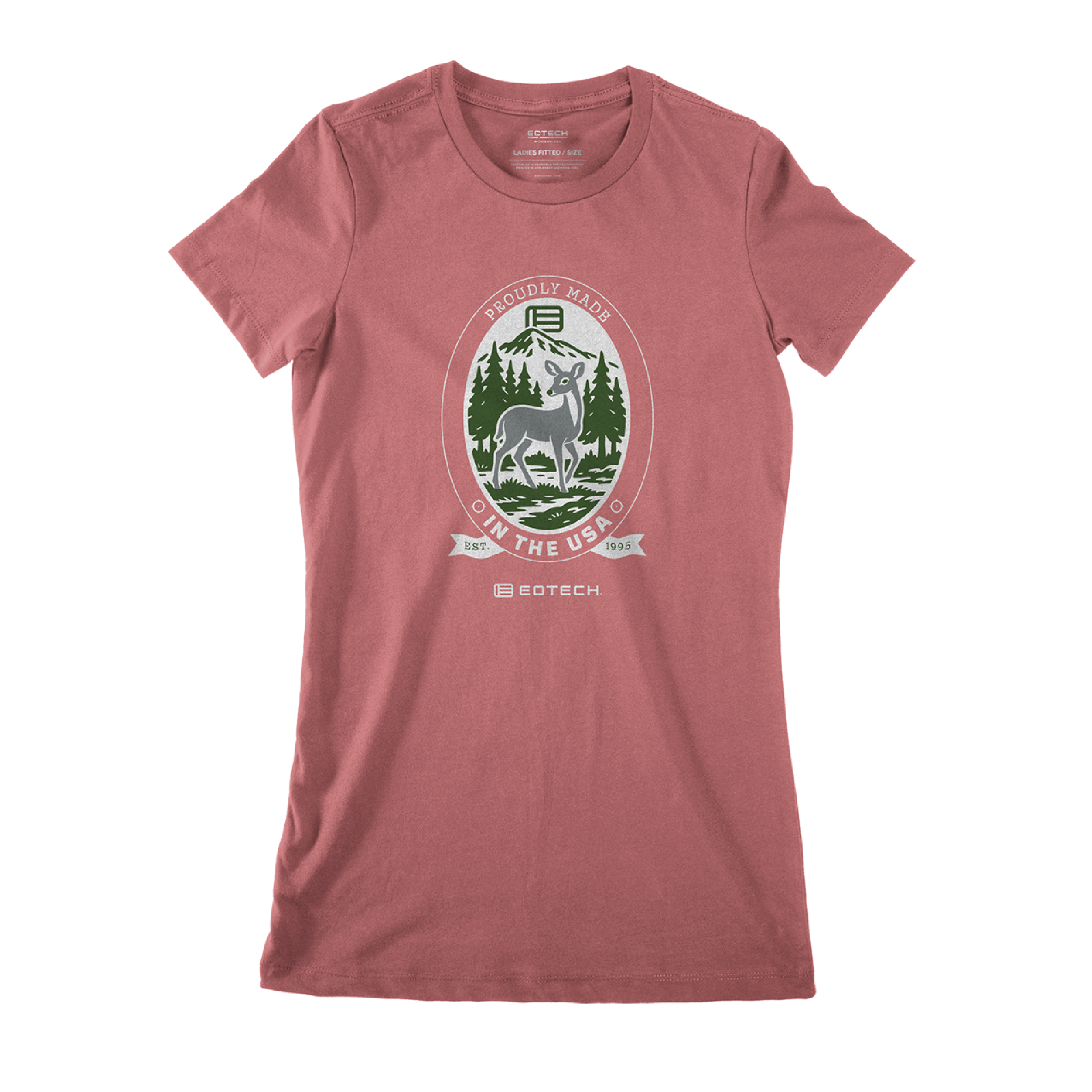 Mauve t-shirt with a doe in a forest on the back against a white background#color_mauve