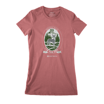 Mauve t-shirt with a doe in a forest on the back against a white background