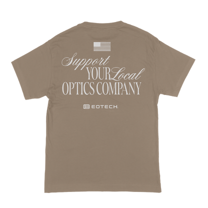 Tan t-shirt with text 'Support Your Local Optics Company' and Eotech logo on a white background