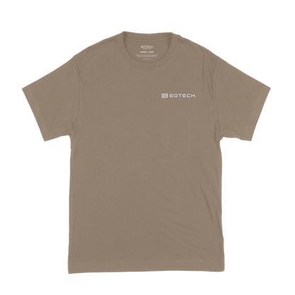 Tan t-shirt with a logo on a white background