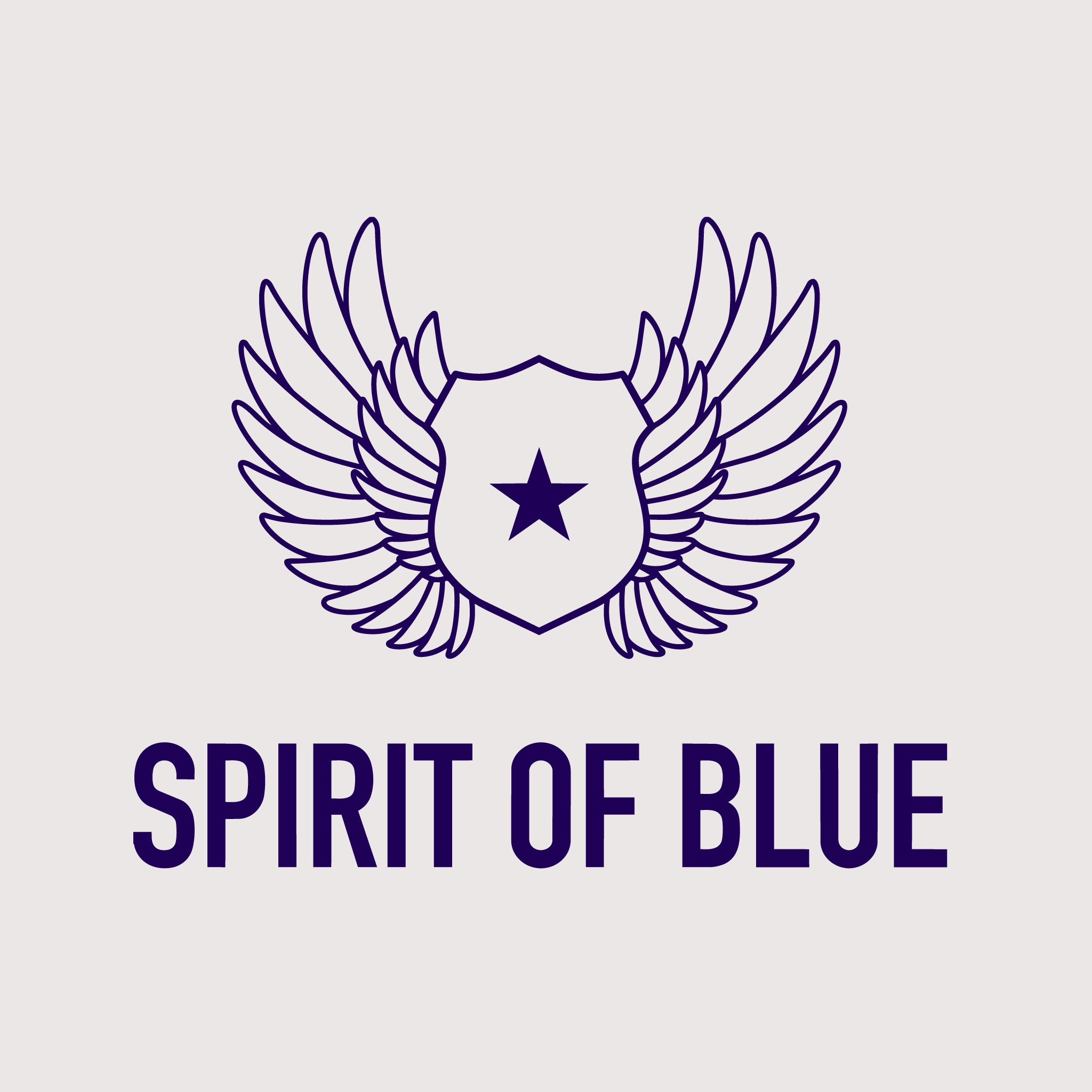 Logo with wings and star above 'Spirit of Blue' text on a light gray background