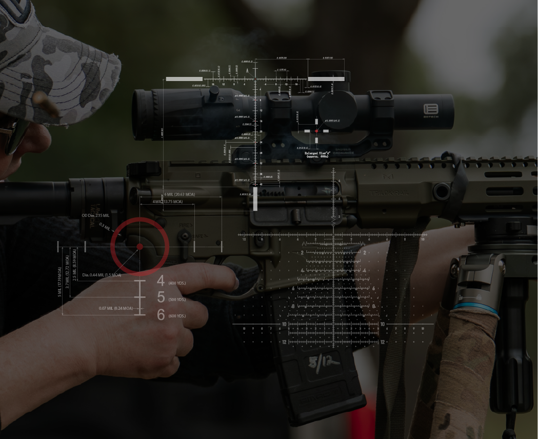 Various reticles with a Vudu Riflescope in the background