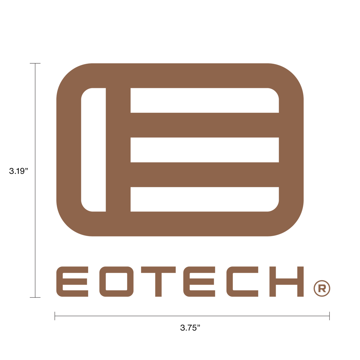 Copper EOTECH logo graphic with dimension lines showing 3.19 inches tall and 3.75 inches wide on a white background