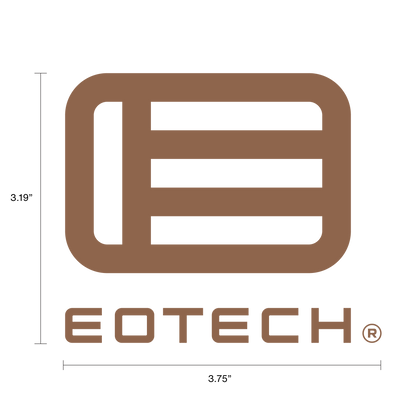 Copper EOTECH logo graphic with dimension lines showing 3.19 inches tall and 3.75 inches wide on a white background