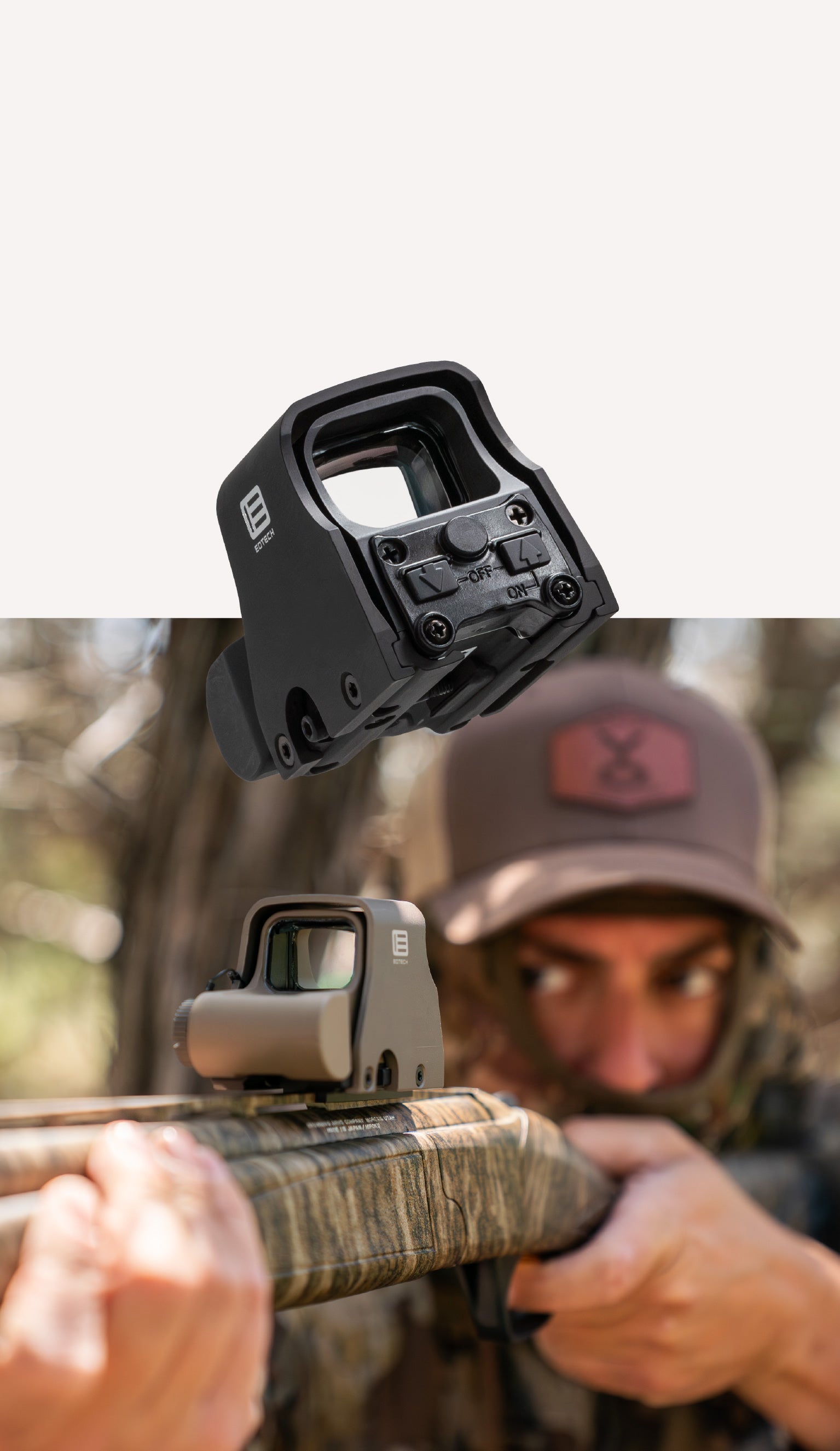 Hunting scene with black and tan EOTECH HWS optics and a person in the background