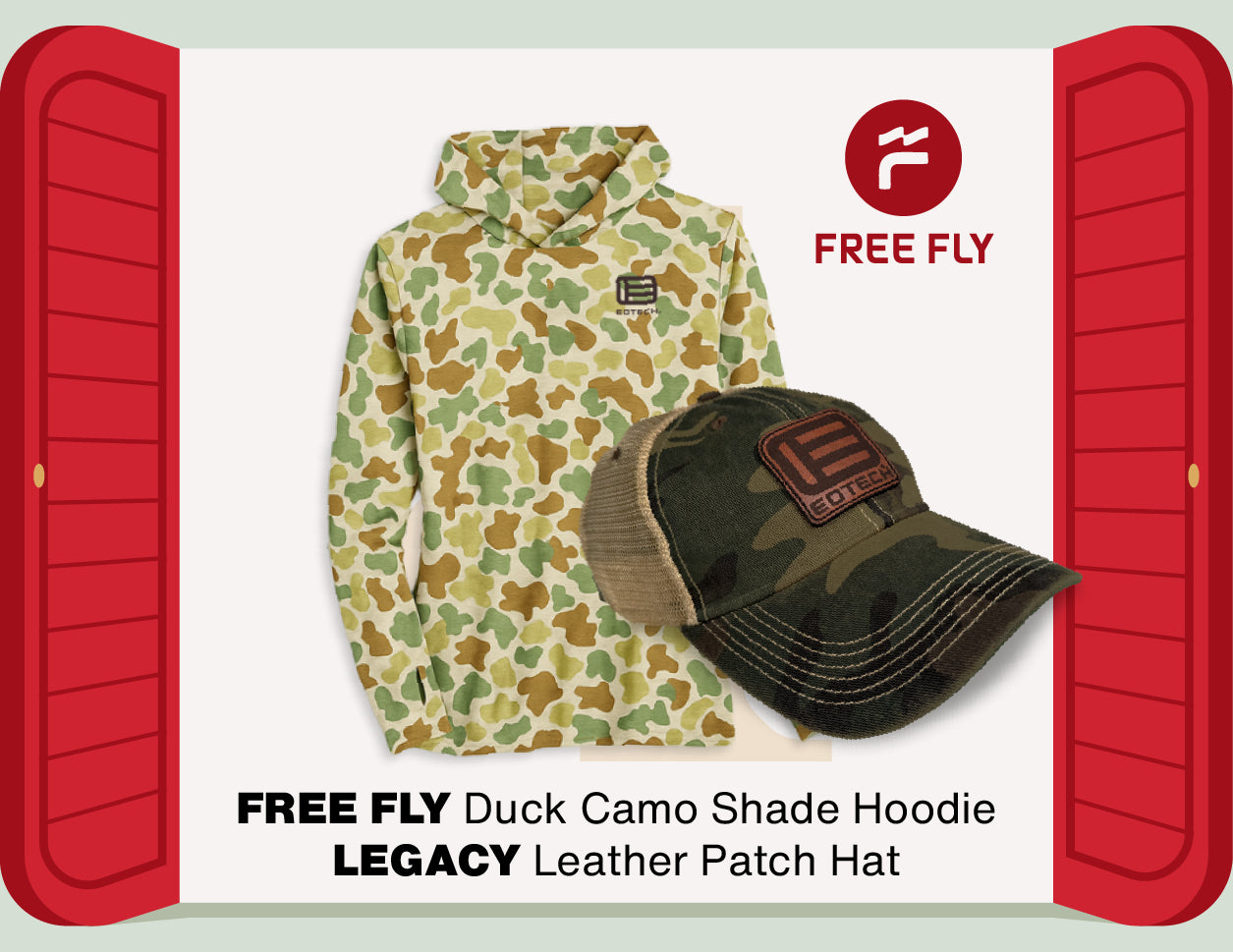Freefly Camouflage hoodie and leather patch hat with red doors on a white background