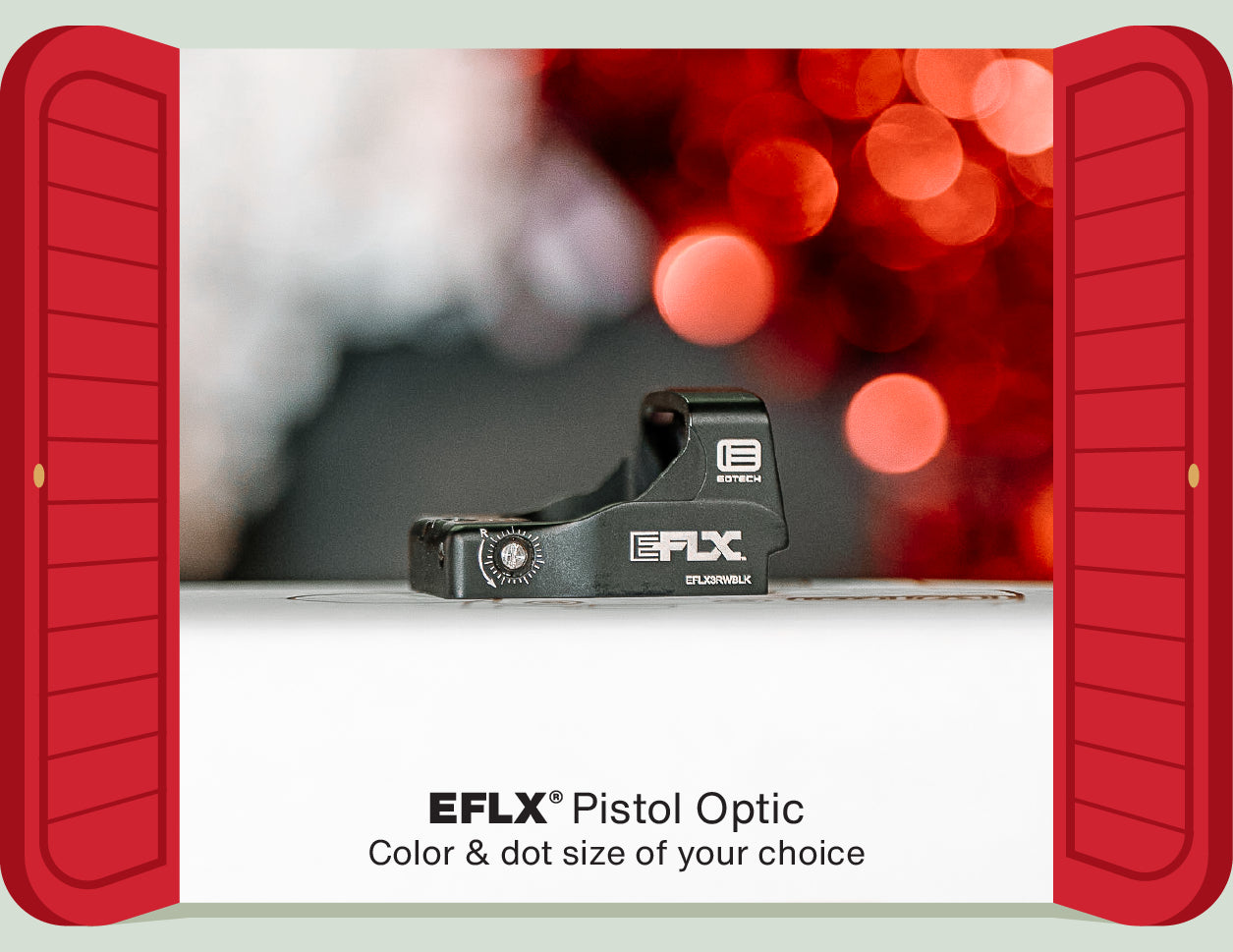 EFLX pistol optic with red and black design on a blurred background