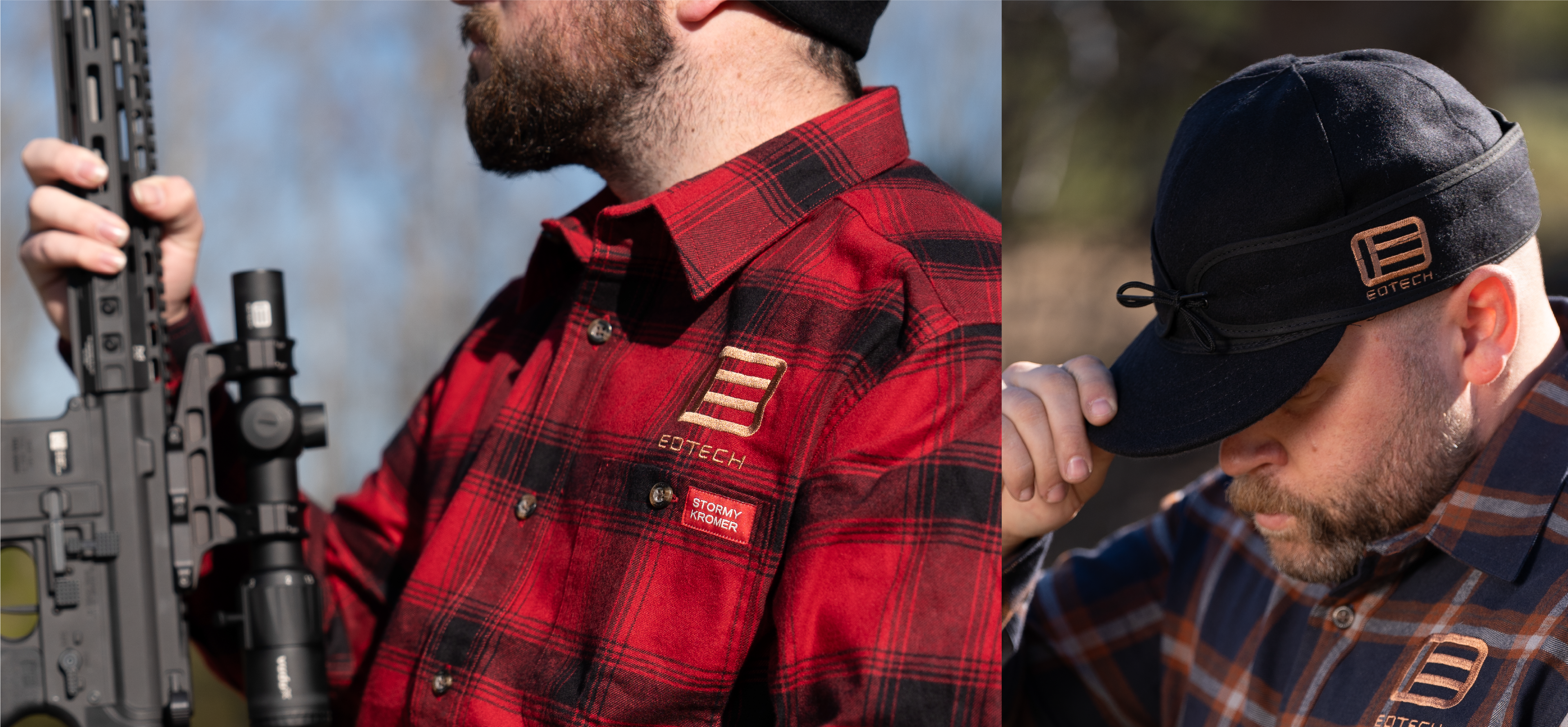 Two men wearing plaid shirts with a EOTECH  logo, one holding a rifle.