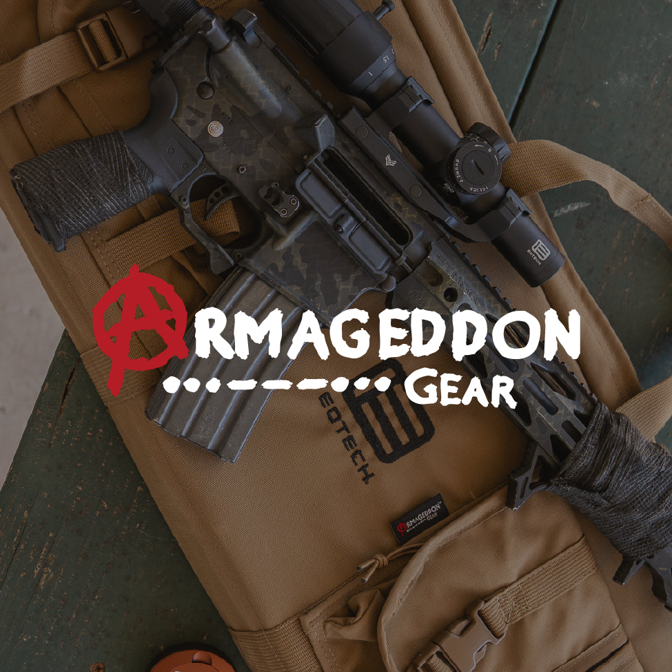 Rifle with EOTECH Vudu scope on a tactical backpack, featuring Armageddon Gear logo.