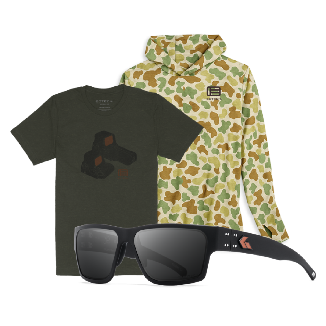 EOTECH Black t-shirt with HWS optics, camouflage hoodie, and black sunglasses on a white background