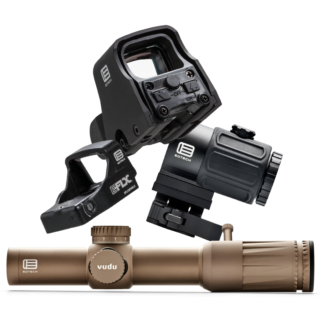 EOTECH black HWS optic, magnifier, EFLX and tan Vudu scope on white background 