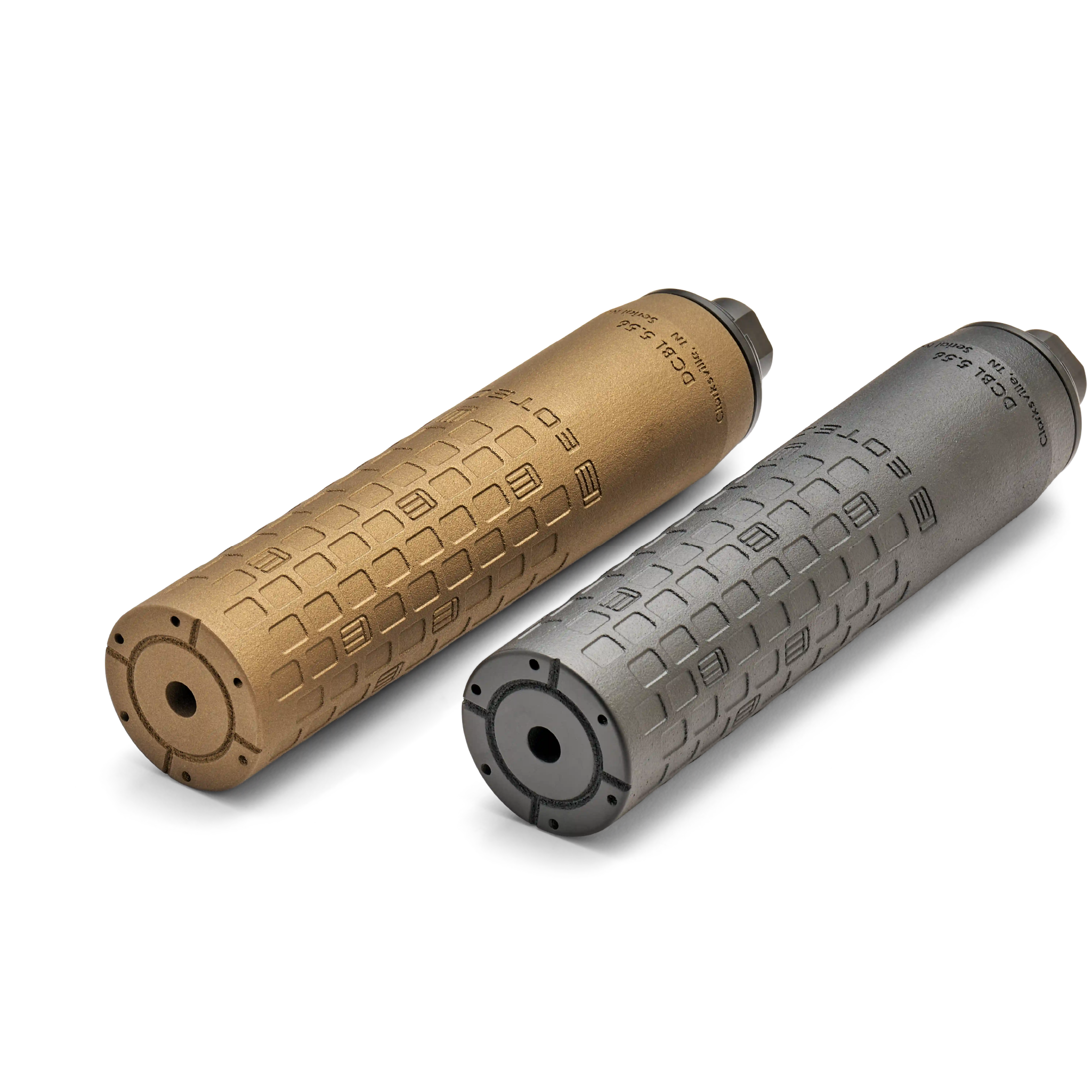 Black and Tan DCBL EOTECH Suppressors with geometric pattern on a white background.