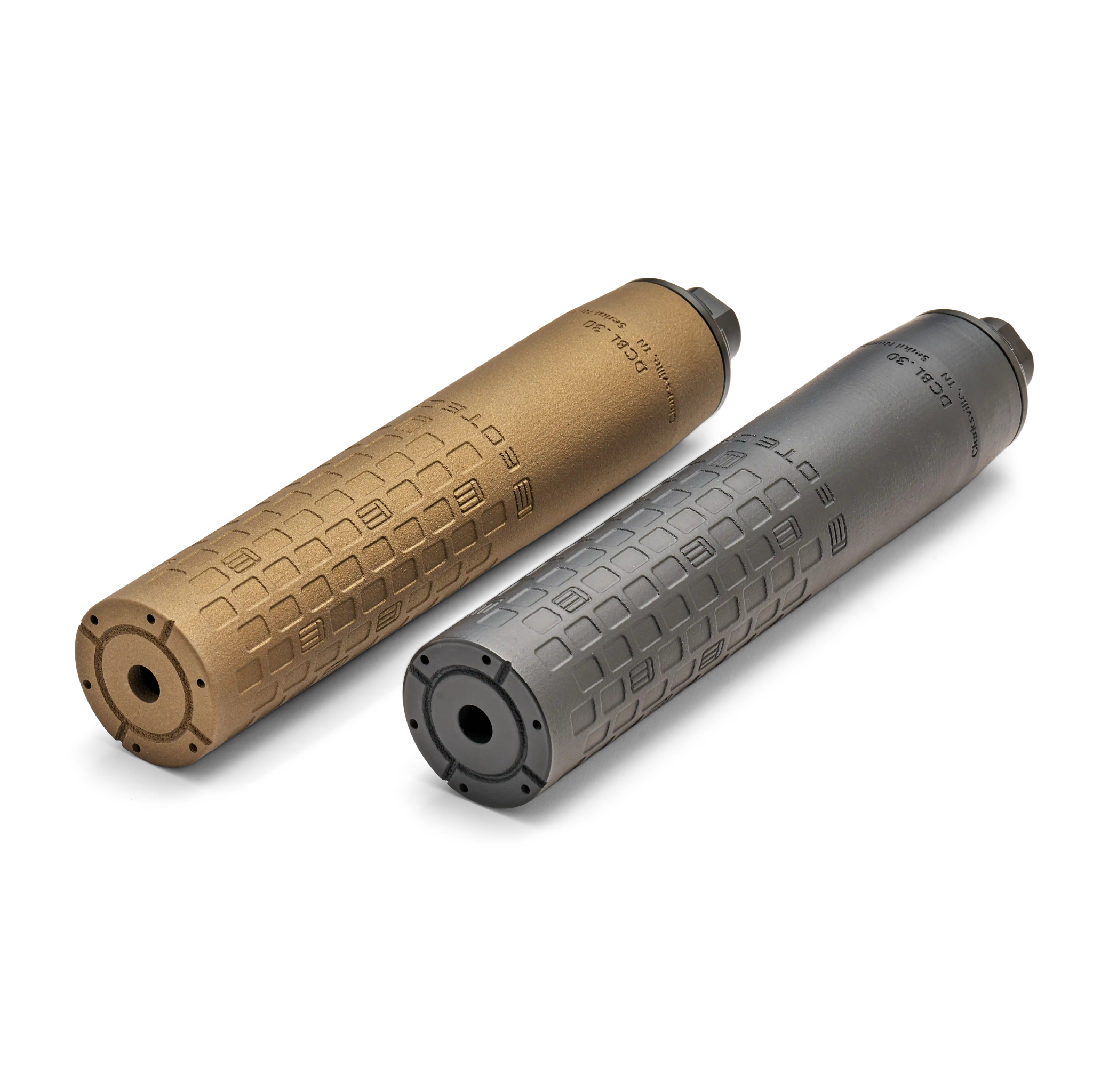 Black and Tan .30 DCBL EOTECH Suppressors with geometric pattern on a white background.