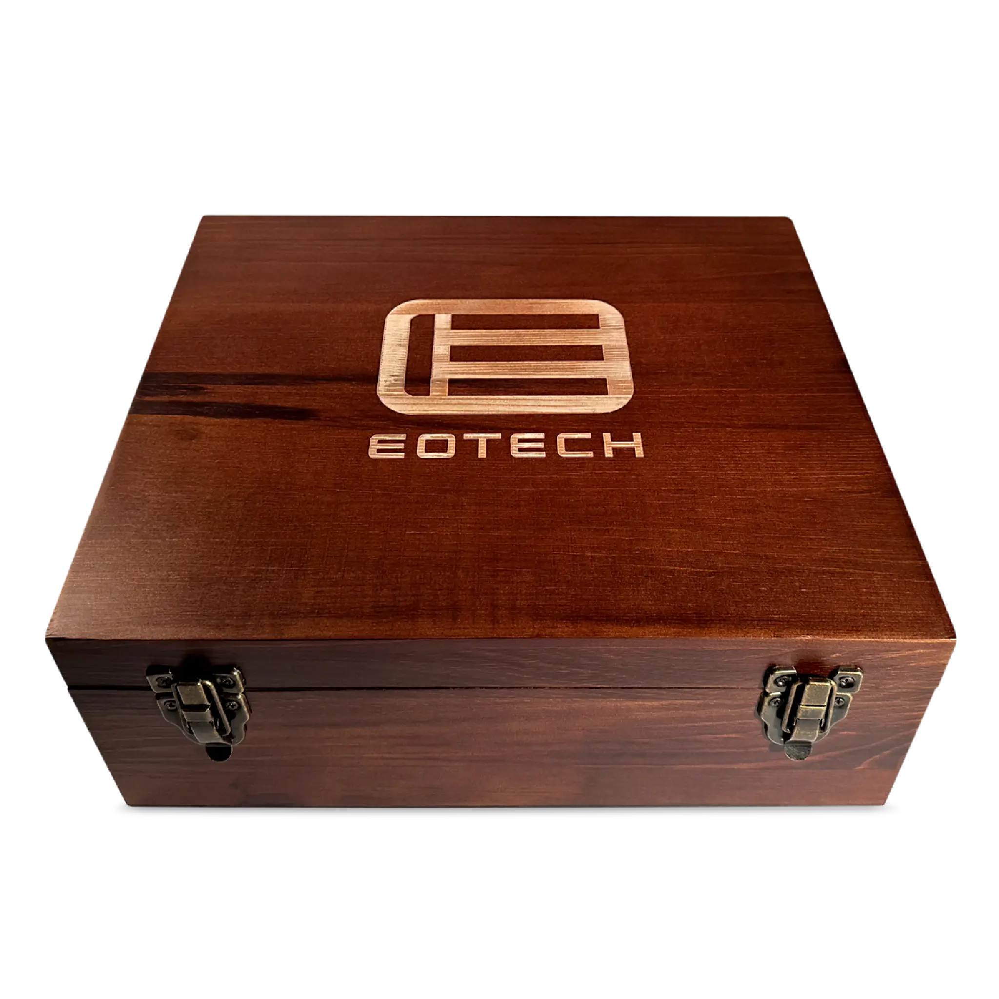 Wooden box with Eotech logo on a white background