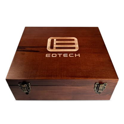 Wooden box with Eotech logo on a white background