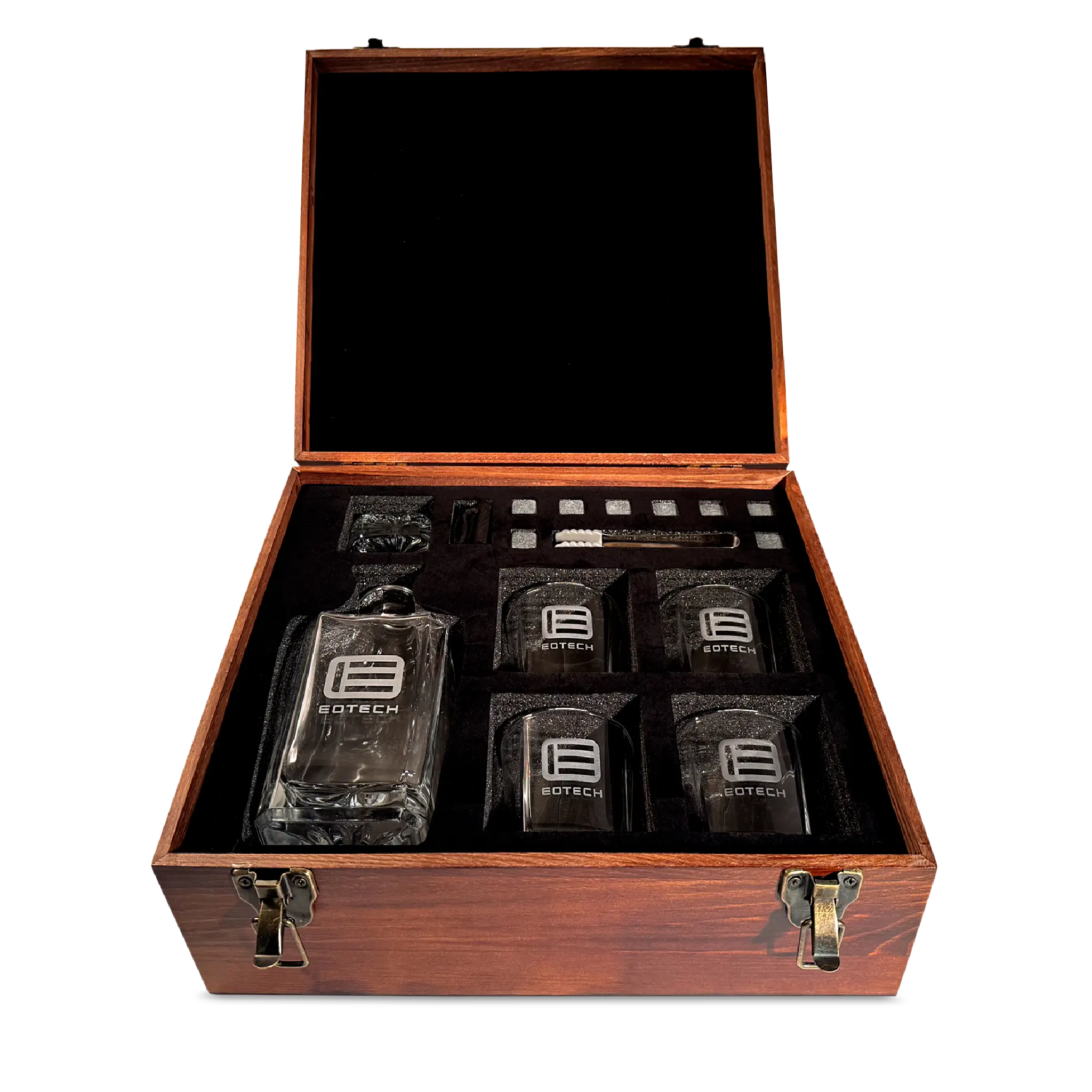 Set of glassware with a decanter and four glasses in a wooden box on a white background